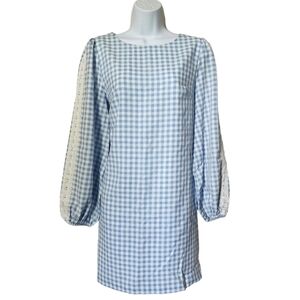 Red Dress Aura Blue White Gingham Dress with Balloon Sleeves and Eyelet Size M